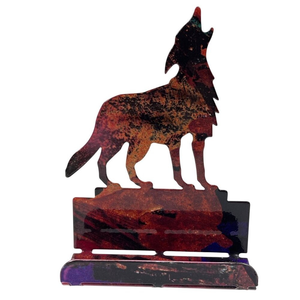 Business Card Holder Howling Coyote Wolf Southwestern Metal Office Desk Vintage - Picture 2 of 8